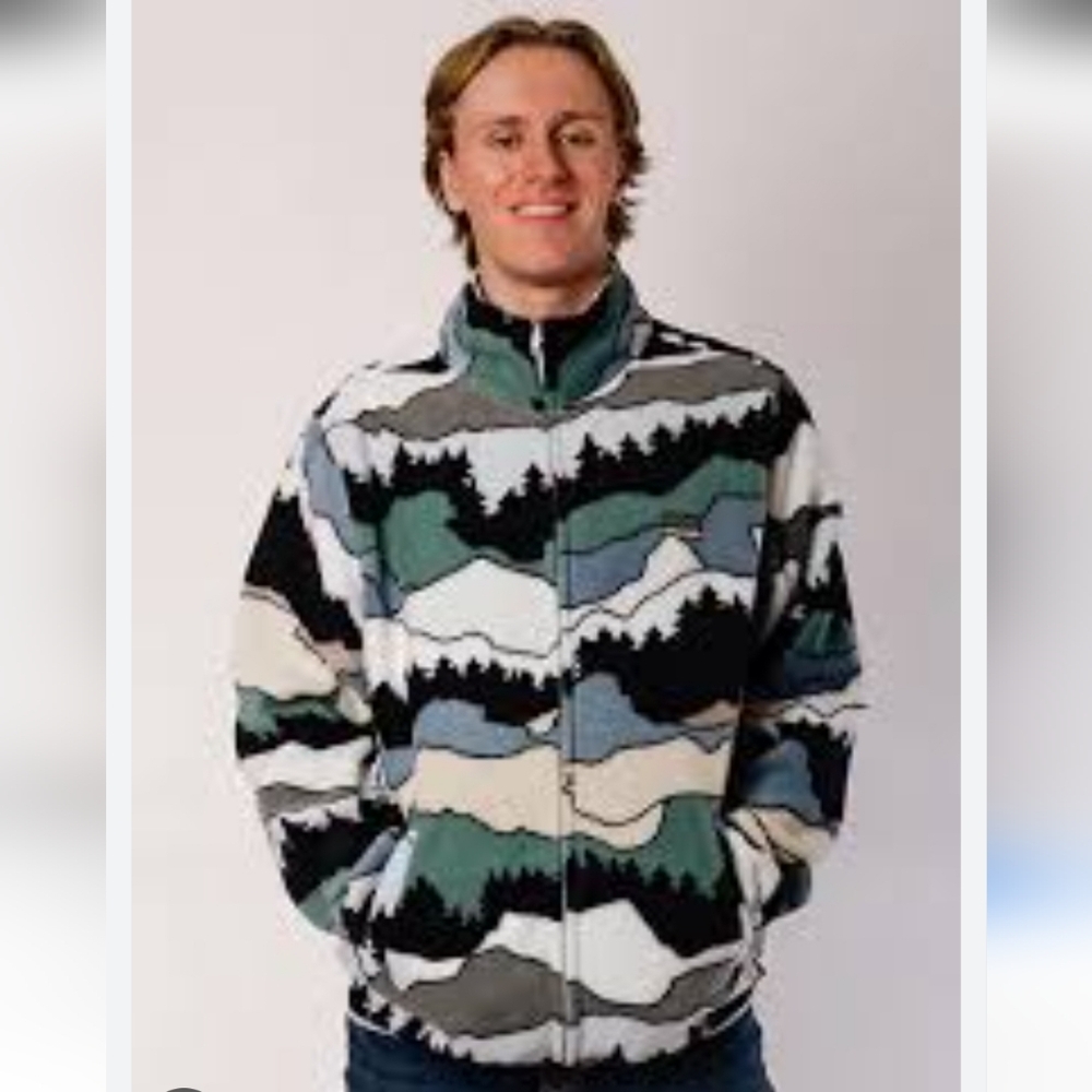 Free Nature Mountain Pattern Full Zip up Polar Fleece Hooded Jacket Size XL